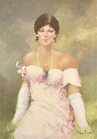 Ignoto DAMINA CON COLLANA DI PERLE stampa su tela ritoccata a mano, cm 70x50...