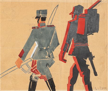 Mario Sironi (Sassari 1885-Milano 1961)  - Due soldati - Studio per illustrazione, probabilmente per "Gli Avvenimenti", 1915 ca.
