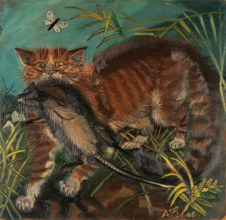 Antonio Ligabue (Zurigo 1899-Gualtieri 1965)  - Gatto con topo, 1952-1962