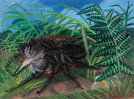 Antonio Ligabue (Zurigo 1899-Gualtieri 1965)  - Vedova nera che assale uccello, 1952-1962