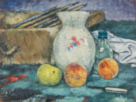 Ardengo Soffici (Rignano sull'Arno 1879-Vittoria Apuana 1964)  - Pesche e vaso, 1952