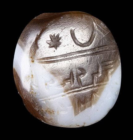 A PALEO-HEBREW AGATE ENGRAVED SEAL. ASTRAL SYMBOLS AND INSCRIPTION.
