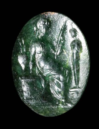 A ROMAN GREEN CHALCEDONY INTAGLIO. VOTIVE SCENE.