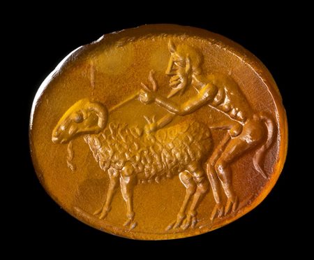 A LARGE ROMAN CARNELIAN INTAGLIO. EROTIC SCENE WITH A SATYR AND A RAM. 