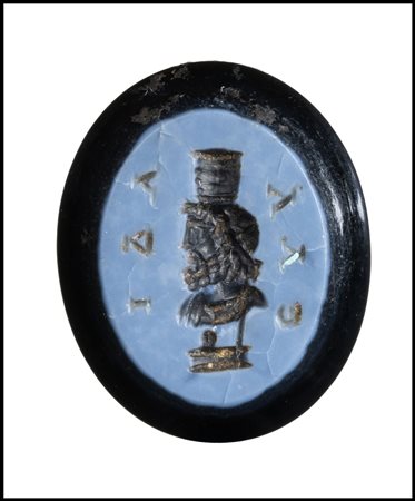 A ROMAN NICOLO INTAGLIO. BUST OF SERAPIS WITH A GREEK INSCRIPTION. 