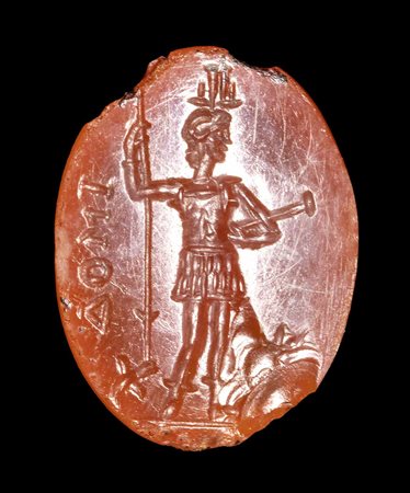 A ROMAN MAGICAL CARNELIAN INTAGLIO. PANTHEISTIC FIGURE WITH INSCRIPTION. 