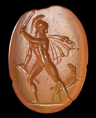 A NEOCLASSICAL CARNELIAN INTAGLIO. AJAX KILLING THE ANIMALS.