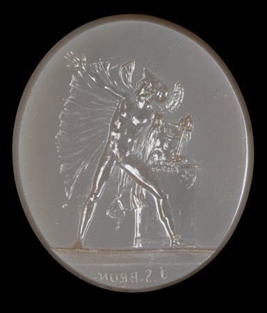 A NEOCLASSICAL CHALCEDONY INTAGLIO SIGNED J.S BRUN (1792-1860 CIRCA). ORESTES IN FURY. 