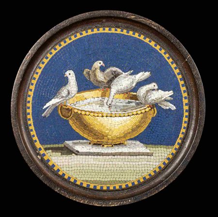 A LARGE GRAND TOUR MICROMOSAIC SET IN A WOODEN FRAME. DOVES OF PLINY ON  A FOUNTAIN. 