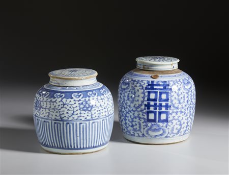  Arte Cinese - Coppia di giare in porcellana bianco e blu 
Cina, dinastia Qing, XIX secolo 
.