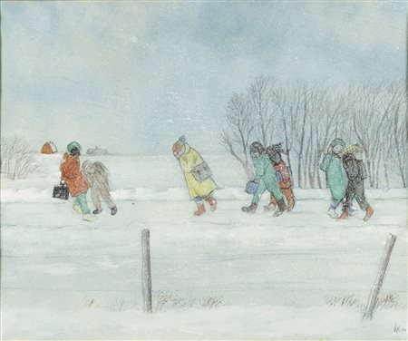 William Kurelek, Prairie school children bucking winter wind, 1974