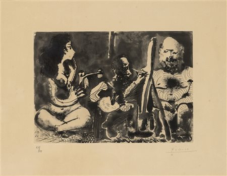 Pablo Picasso, Peintre au travail avec modele barbu et une spectatrice assise en tailleur, 1963