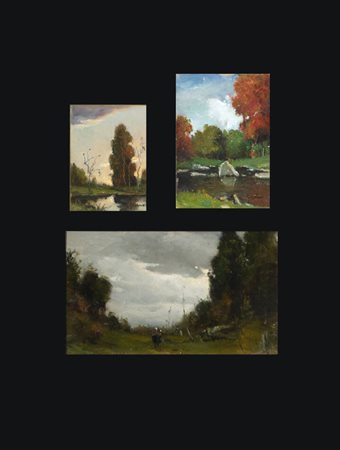 GIOVANNI COLMO<BR>Torino 1867 - 1947<BR>Lotto di tre dipinti:<BR>a - "Paesaggio con figure"<BR>b - "Paesaggio con stagno"<BR>C) "Paesaggio con albero e laghetto"