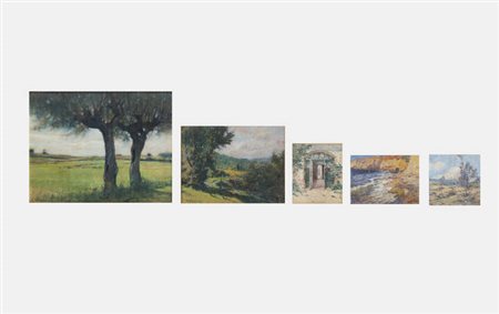 ROMOLO UBERTALLI<BR>Mosso Santa Maria (VC) 1871 - 1928<BR>Lotto di 5 dipinti<BR>A - "Vetrata del '700" ante 1926<BR>B - "Paesaggio collinare"<BR>C - "Marina"<BR>D - "Paesaggio collinare"<BR>E - "Due alberi in campagna"