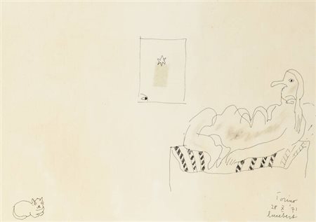 LUCEBERT (Lubertus Jacobus Swaanswijk)<BR>Amsterdam (Olanda) 1924 - 1994 Alkmaar (Olanda)<BR>"Uomo, gatto e finestra" Torino 28-X-71