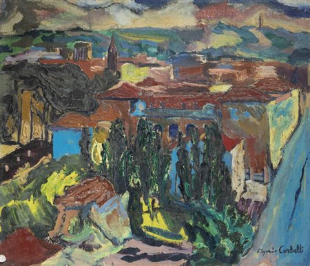 EDGARDO CORBELLI<BR>Torino 1918 - 1989<BR>"Veduta di città dall'alto"