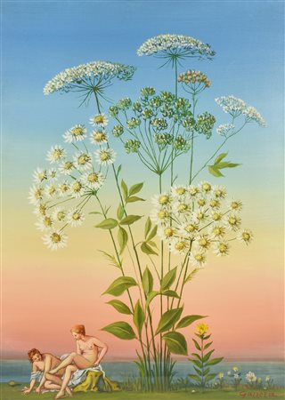 Romano Gazzera PIZZI DELL'IMPERATORE E BAGNANTI, 1973 olio su tela, cm 70x50...