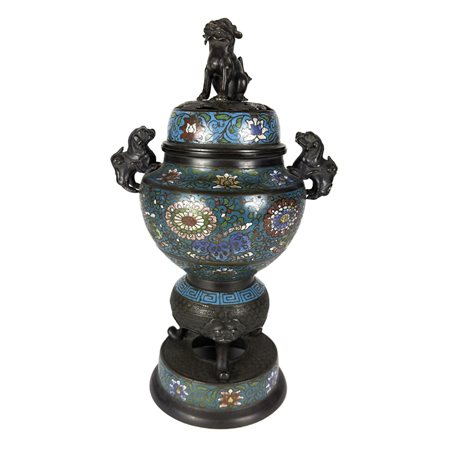 Bruciaessenze in bronzo patinato e smalti cloisonné, Arte orientale, XIX...