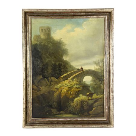Pittore del XIX secolo, Paesaggio di campagna con ponte e figura olio su...