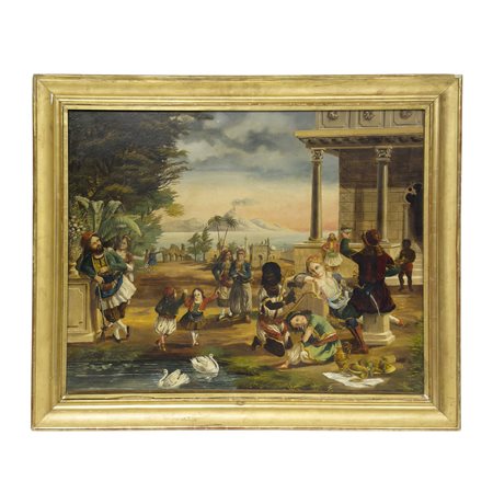 Pittore del XIX secolo, Scena festosa con figure di greci e di turchi sullo...