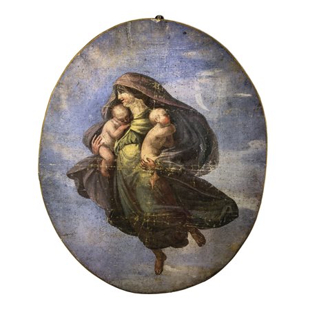 Pittore del XIX secolo, Allegorie coppia di tempere su tela a sesto ovale,...