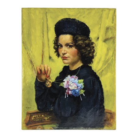 Pittore del XX secolo, Ritratto femminile con ortensia olio su tela, cm....