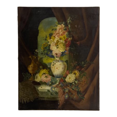 Vaso di fiori in un interno, olio su tela, cm. 98x80