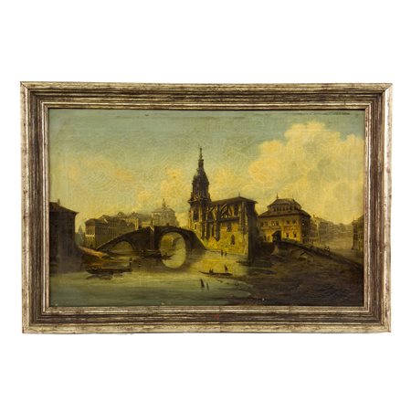 Pittore della fine del XIX secolo, Veduta di Bilbao con il ponte sul Nervión...