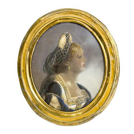 Pittore francese del XIX secolo, Donna in costume rinascimentale pastelli su...