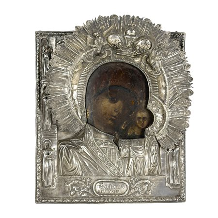 La Vergine col Bambino, icona con riza in argento, Jaroslavl' 1811, cm. 34x27