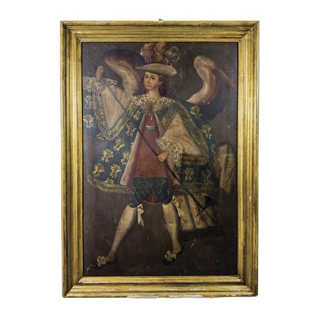 Scuola di Cuzco, XX secolo, Angeli coppia di oli su tela, cm. 97,5x65...