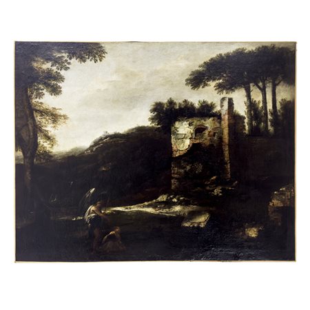 Pittore genovese del XVII secolo -, Tobiolo e l'Angelo olio su tela, cm. 123x152