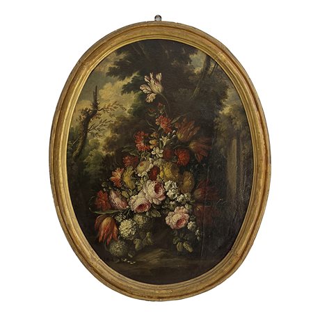 Pittore napoletano del XVIII secolo, Natura morta di fiori olio su tela a...