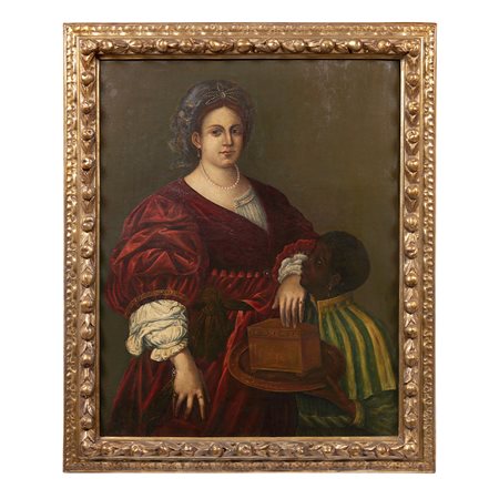 Pittore veneziano del XVI secolo, Ritratto di gentildonna con paggio moro...