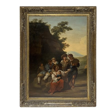 Paolo Monaldi Roma 1710 - 1779, Paesaggio con pastori in sosta olio su tela,...
