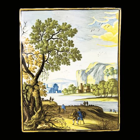 Placca in maiolica, Castelli, XVIII secolo, bottega dei Grue, di forma...