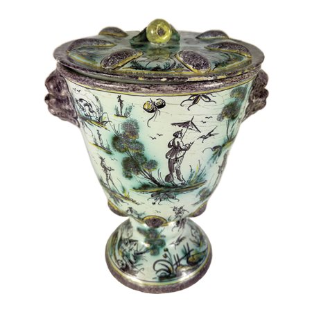 Vaso con coperchio in maiolica bianca e policroma, Savona, seconda metà del...