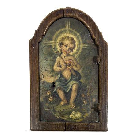 Anta di tabernacolo di forma sagomata, XVIII secolo, dipinta a olio su rame a...