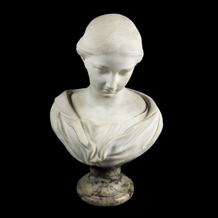 Busto di giovane donna in marmo bianco, XIX secolo, su base circolare in...