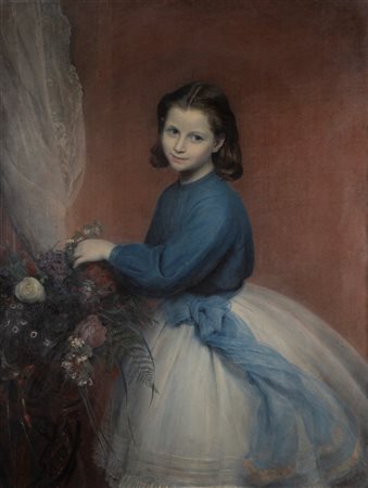 Scuola europea del XIX secolo - Ritratto di bambina con mazzo di fiori