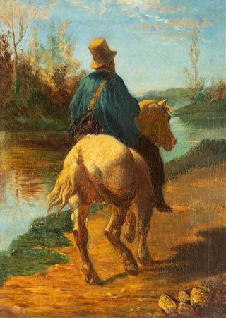 Scuola italiana seconda metà del XIX secolo - A cavallo lungo il fiume