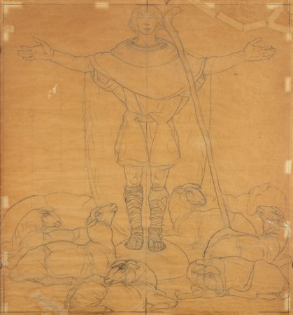 Duilio Cambellotti (Roma 1876-1960)  - Pastore, studio definitivo per il pannello graffito del portale della Chiesa de Il campo dei pastori di Beit-Sahur a Betlemme, anta destra, 1954