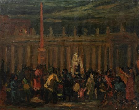 Achille Sdruscia (Roma 1910-1994)  - Roma, folla a Piazza San Pietro