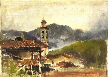 Umberto Dell'Orto (1848 - 1895) PAESAGGIO olio su tela applicata su tavola,...