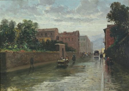 Attilio Pratella (1856 - 1949) SCORCIO DI NAPOLI CON PERSONAGGI E CARROZZE...