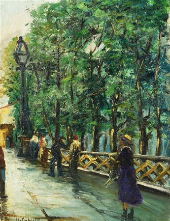 Ulisse Caputo (1872 - 1948) PASSEGGIATA AL PARCO olio su tela applicata su...