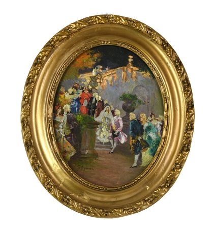 Luca Postiglione (1876 - 1936) RICEVIMENTO olio su tavola, cm 30x24 firma