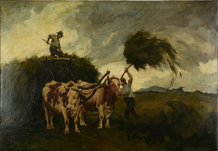 Enrico Ursella (1887 - 1955) TREBBIATURA olio su tela, cm 57x81 firma