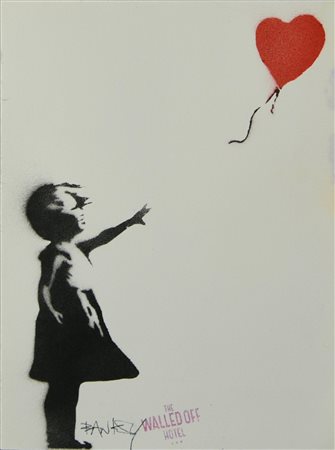 Banksy GIRL WITH A BALLOON sprayed stencil su carta, cm 26x20 timbro The...
