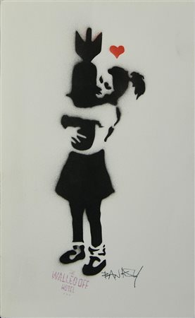 Banksy BOMB HUGGER sprayed stencil su carta, cm 29x18 timbro The Walled Off...